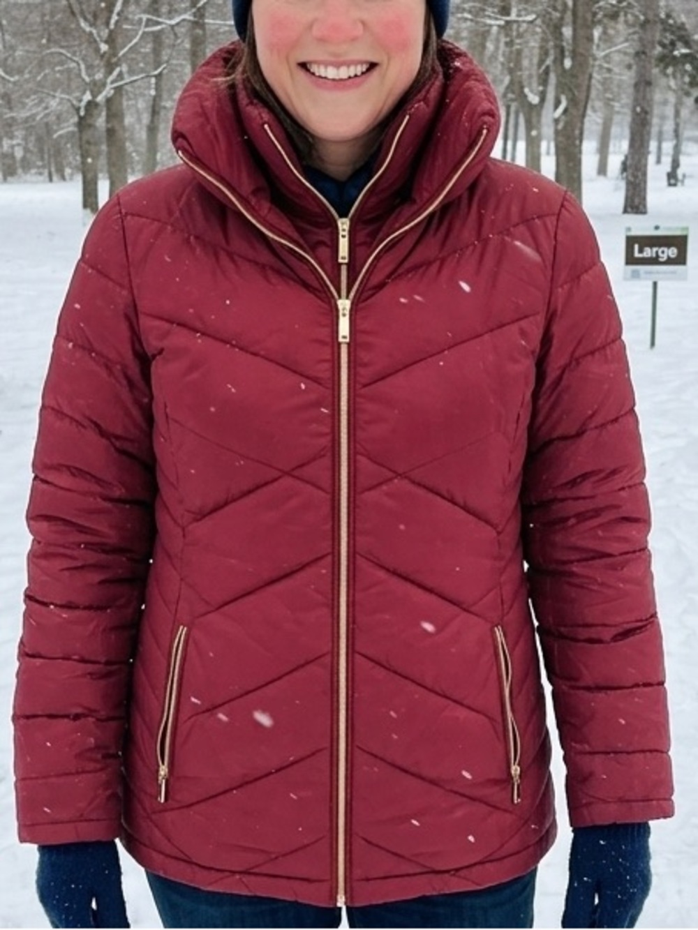 Michael Kors Packable Down Fill Puffer Jacket Womens Large Burgundy Gold Zip